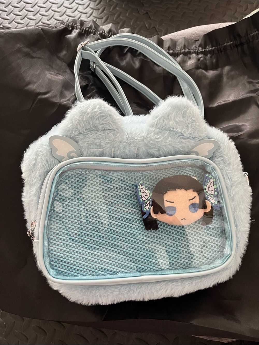 Fuzzy Blue Kitty Pin / Plushie Display Mini Backpack